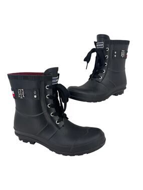 Tommy Hilfiger Toniee Rain Boots Womens Size 9 Black Rubber Slip On Leather Sole